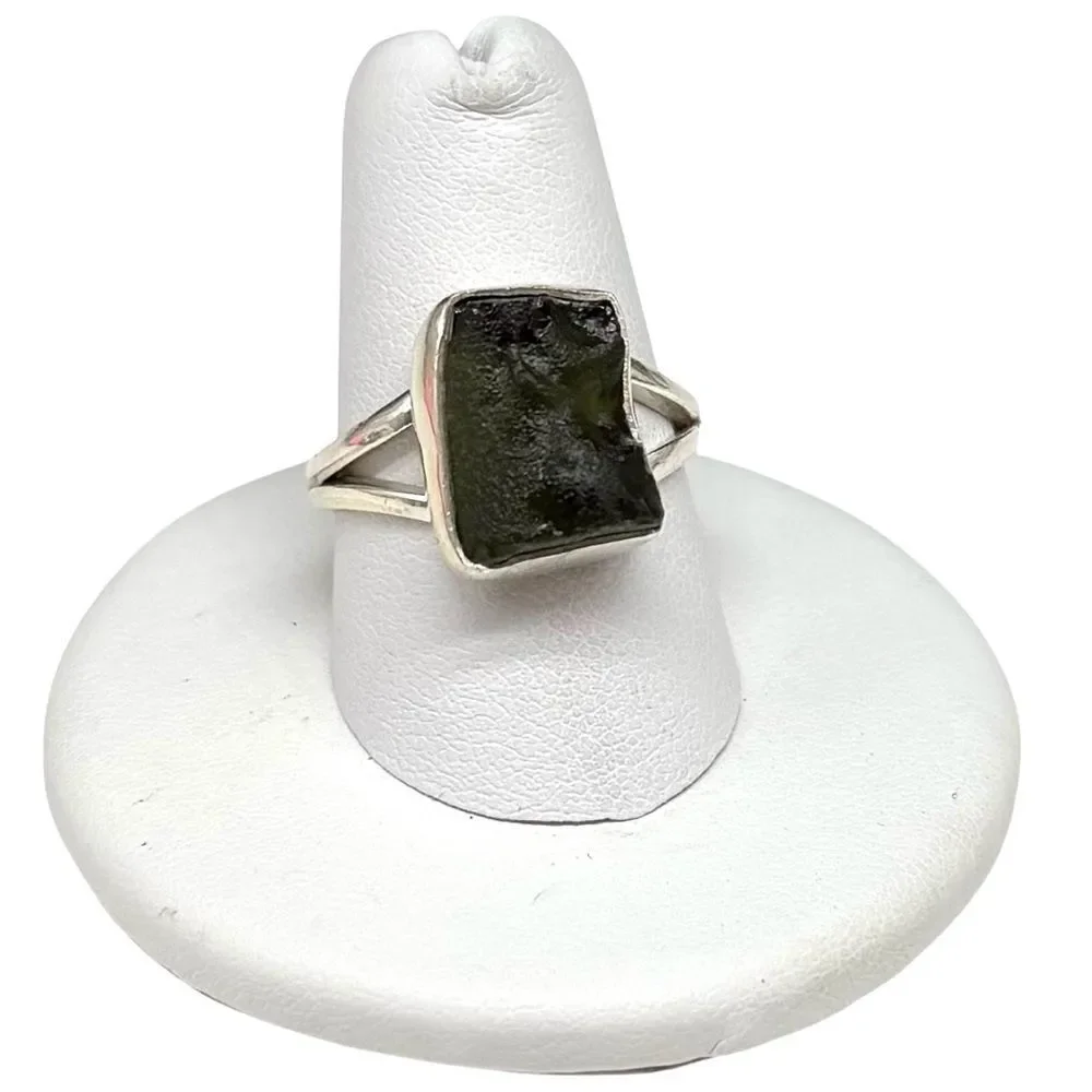 Moldavite Ring Size 8 Solid 925 Sterling Silver Natural Stone Crystal Raw Rough